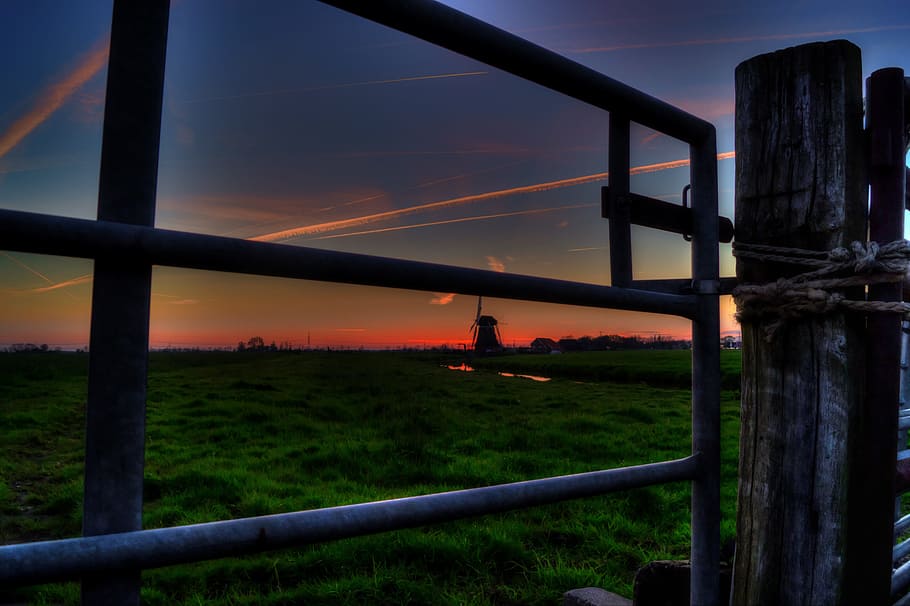 fence, rural, windmill, evening, nightfall, countryside, twilight HD wallpaper