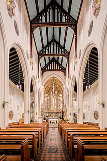 white and brown church interior, brown pews lined in church, ceiling HD wallpaper