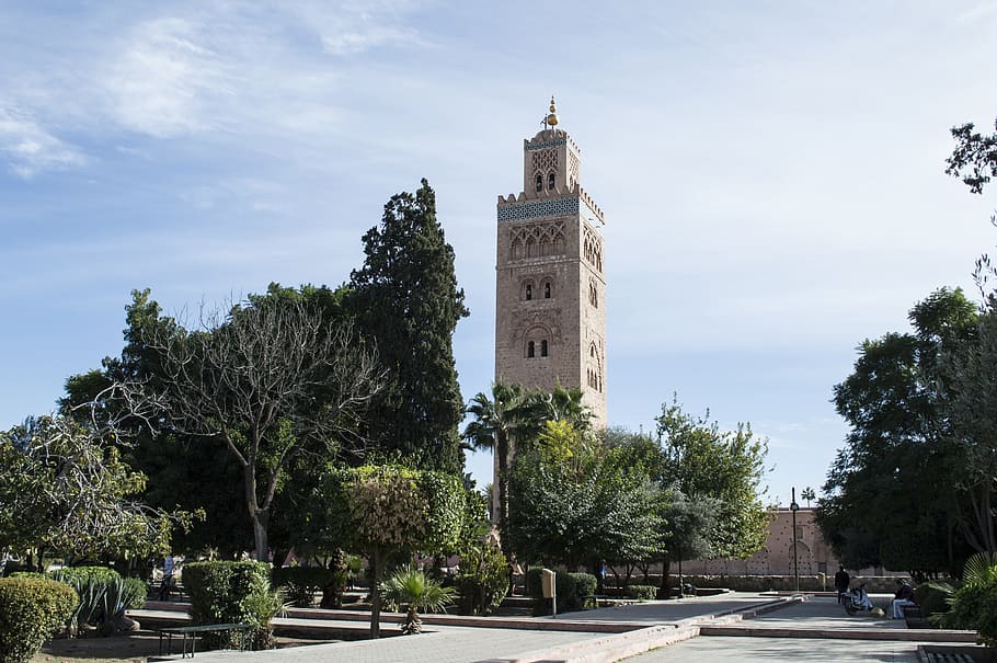 brown concrete structure near trees, mosque, marrakesh, morocco HD wallpaper