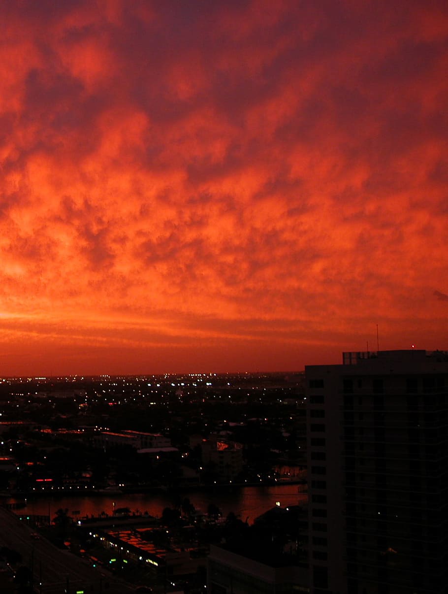 sunset, city, sky, red, clouds, night, architecture, building exterior HD wallpaper