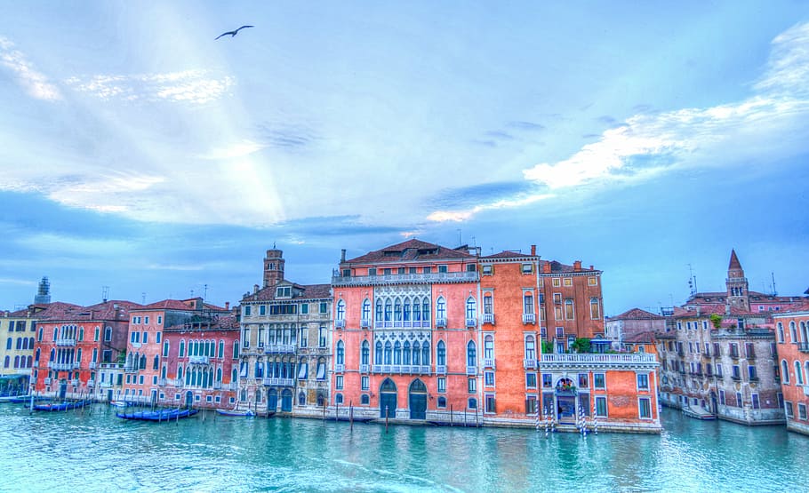 venice, italy, architecture, sun rays, clouds, evening, sky HD wallpaper