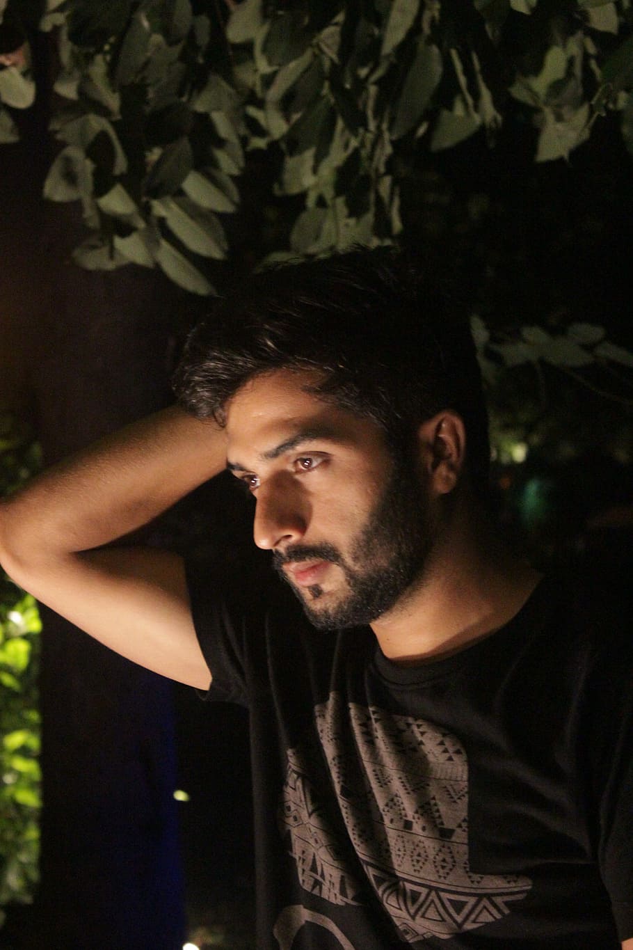 man in black t-shirt holding hes head under green leaf tree during night time HD wallpaper