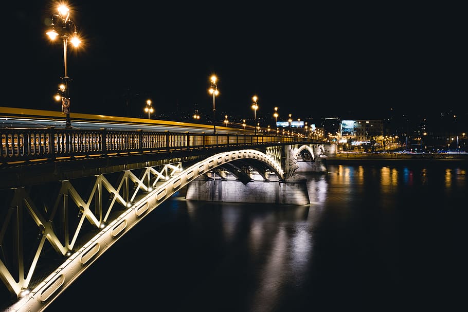 panoramic photography of bridge, bridge with lights during night HD wallpaper