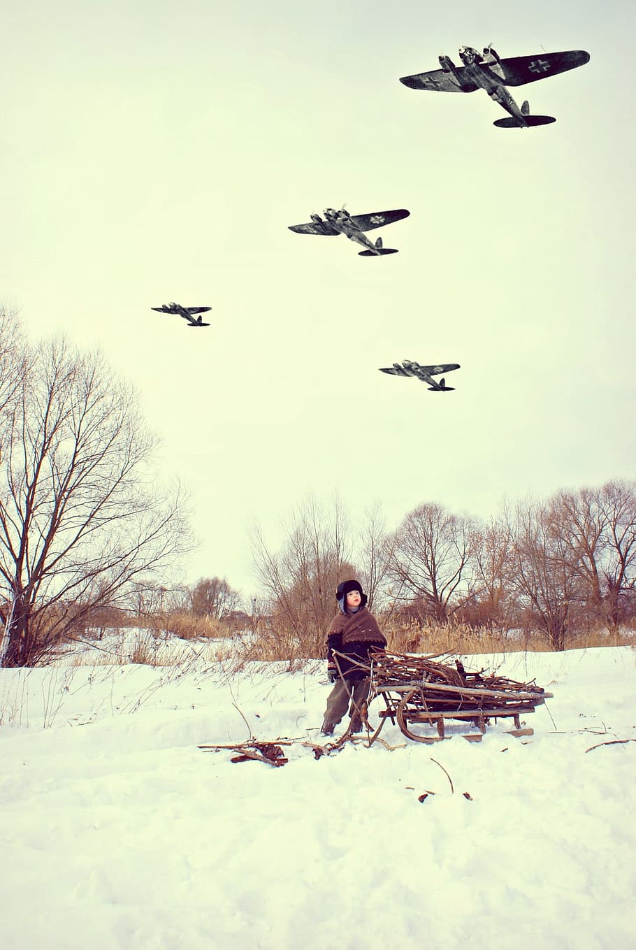 person standing beside cart during snow, war, aircraft, the germans, HD wallpaper