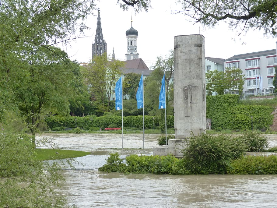 high water, danube, flooded, ulm, plural, ulm cathedral, rainy weather