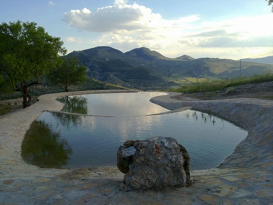 granada, spain, mountains, scenic, landscape, pool, water, reflections HD wallpaper