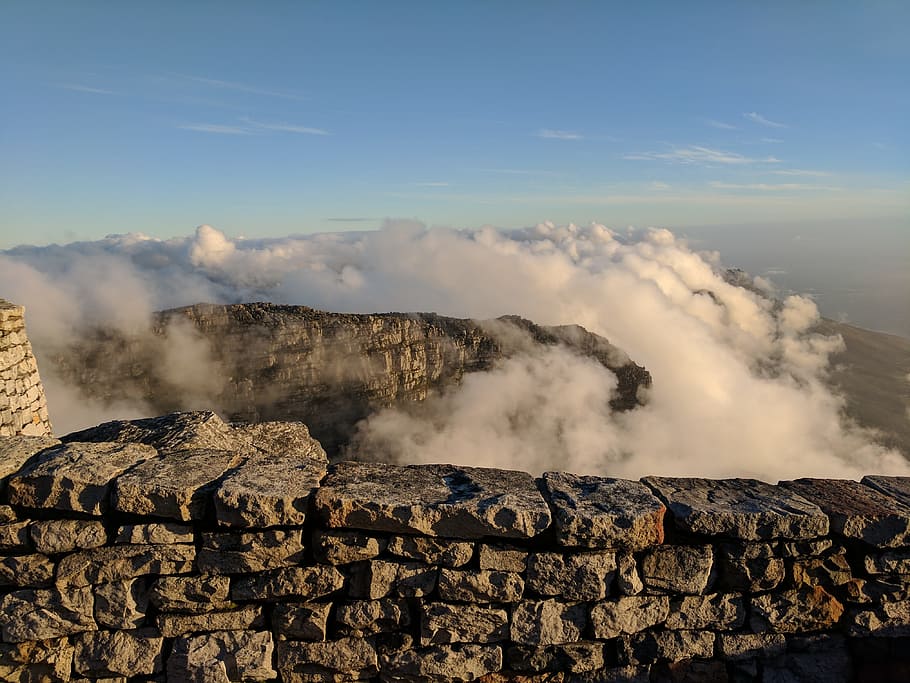 brown rock wall, table mountain, clouds, cape town, south africa HD wallpaper
