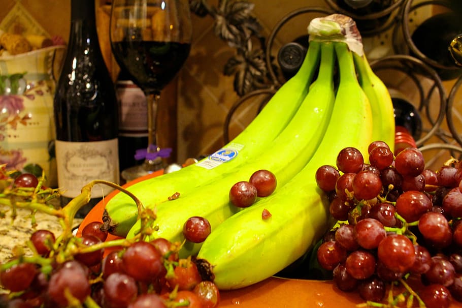 fruit, wine, bananas, grapes, food and wine, bottle, red, wine glass HD wallpaper