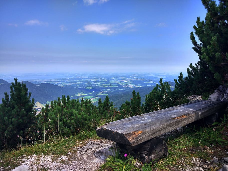 Mountains, Height, Bench, Nature, landscape, dahl, sky, forest HD wallpaper