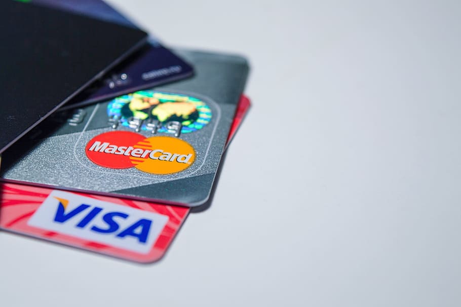 Mastercard card on Visa card, electronic payments, bank cards, HD wallpaper