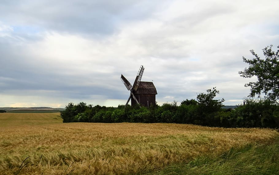 Windmill, Old, Antique, Nostalgia, windräder, cornfield, cloud - sky HD wallpaper