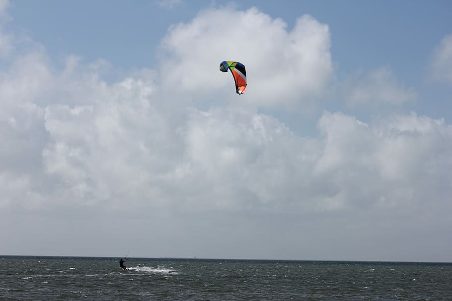 Kitesurf, Wind, mid-air, sky, sea, day, cloud - sky, horizon over water HD wallpaper