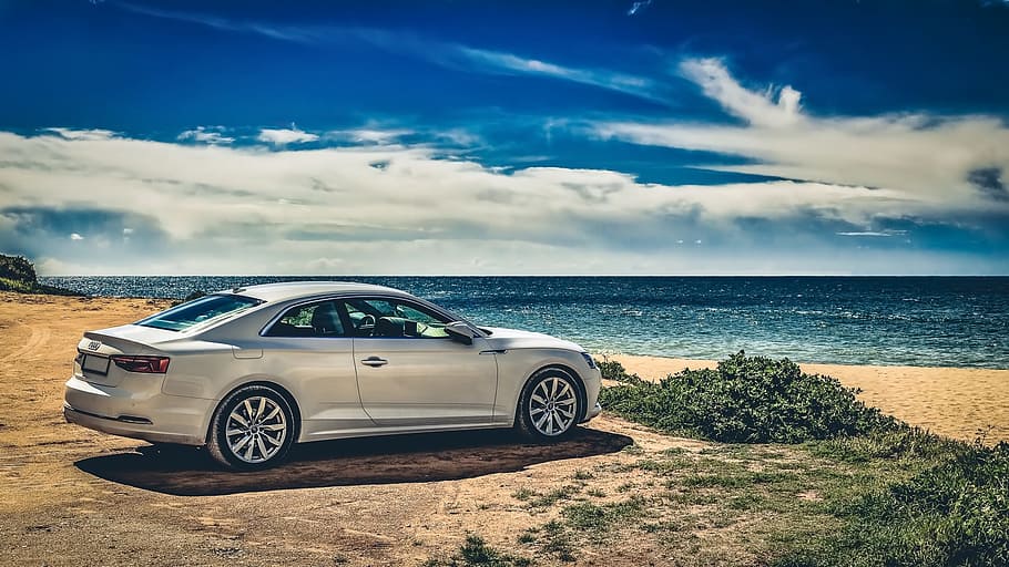 silver coupe, car, seaside, sun, beach, mode of transportation HD wallpaper