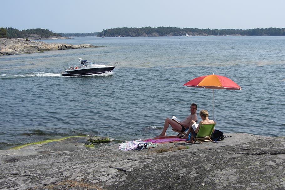 sweden, archipelago, holiday, water, men, sitting, leisure activity HD wallpaper