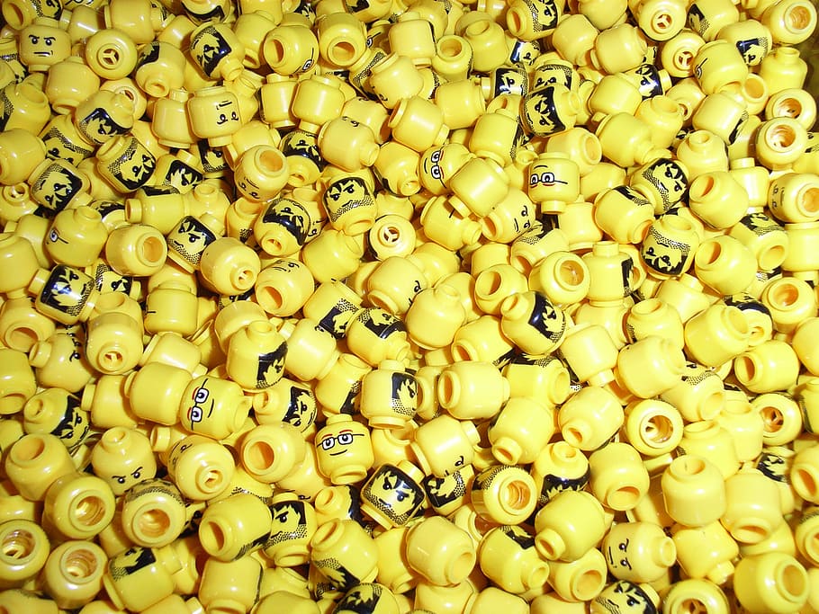 yellow plastic minifigures, heads, lego, game, activity, childhood