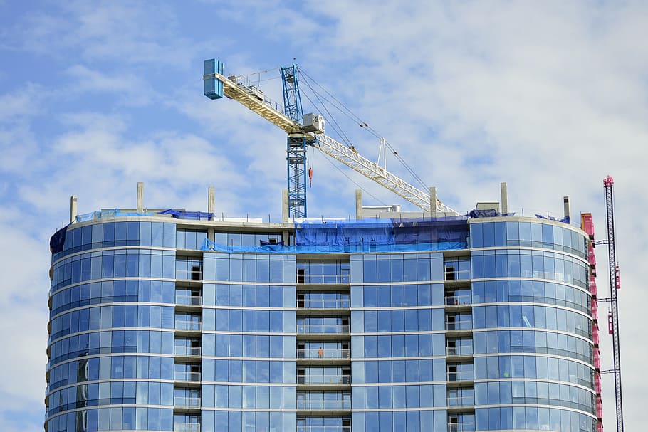 construction, apartment, office, building, glass, crane, top HD wallpaper