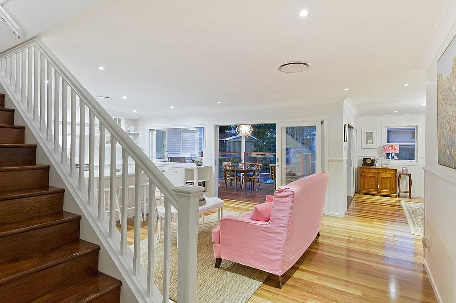 pink sofa in front of coffee table, renovation, improvement HD wallpaper