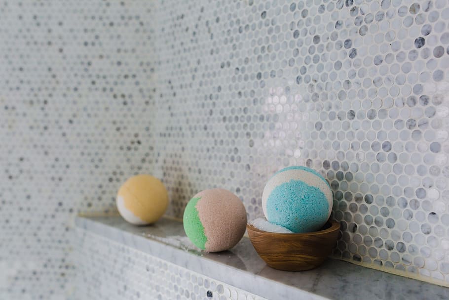 three bath bombs beside wall, bathroom, spa, beauty, relax, egg, HD wallpaper