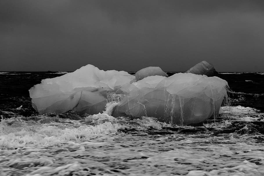 climate, iceberg, melting, thawing, black-and-white, ocean, sea, HD wallpaper