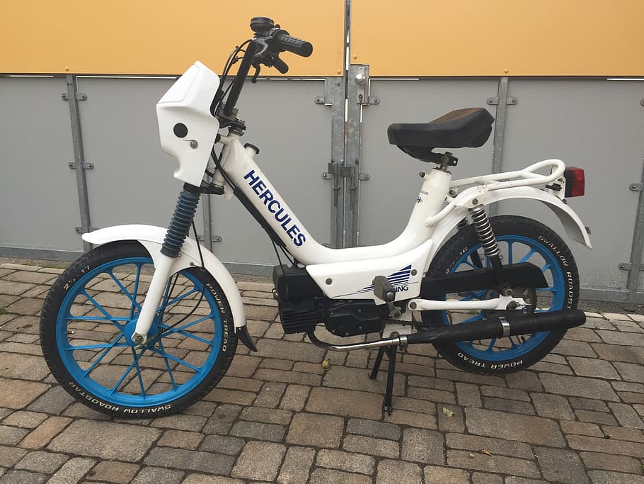 moped, hercules, white, 25 km h, bicycle, transportation, land vehicle