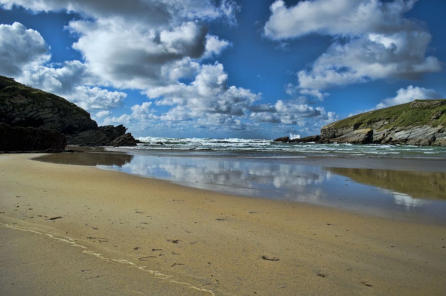 beech, sea, landscape, nature, coast, ocean, shore, clouds HD wallpaper