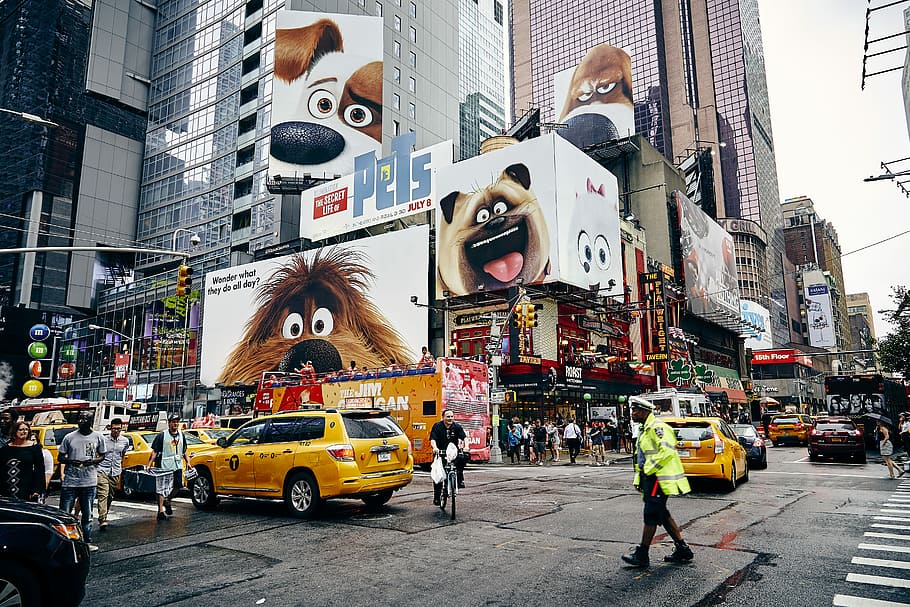 people walking along street surrounded by buildings, people standing beside vehicles near buildings with Secret life of Pets advertisement