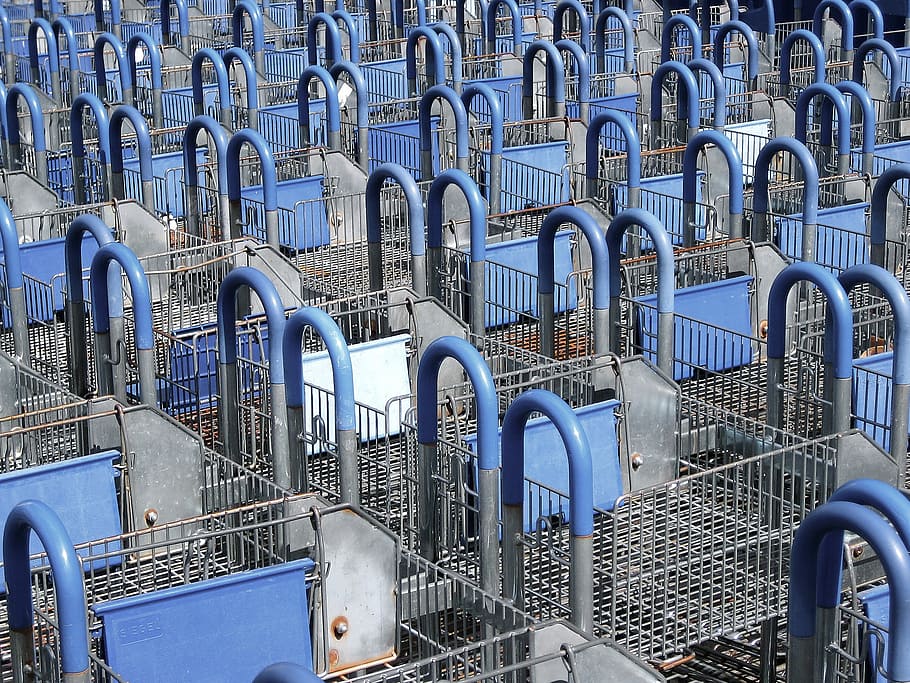 blue and gray rack lot, gray-and-blue rack lot, trolley, cart HD wallpaper