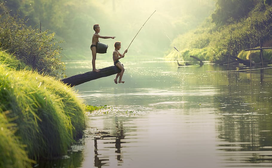 photo of two boys fishing, as children, the activity, asia, cambodia, HD wallpaper
