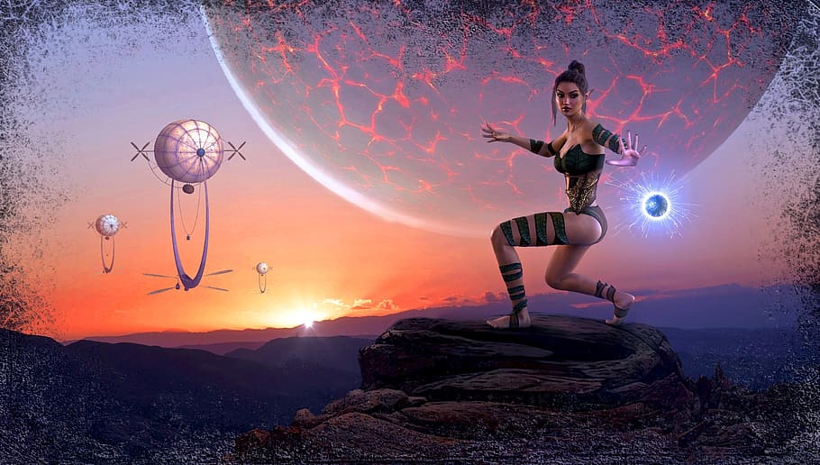 woman wearing black strapless top and panty under planet digital wallpapr HD wallpaper