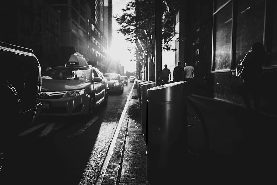 grayscale photo of trash bins, grayscale photo of people walking near parked cars and building HD wallpaper