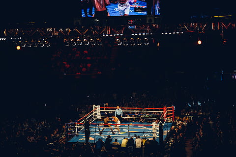 boxing ring, two men boxing on ring, match, crowd, lights, night HD wallpaper