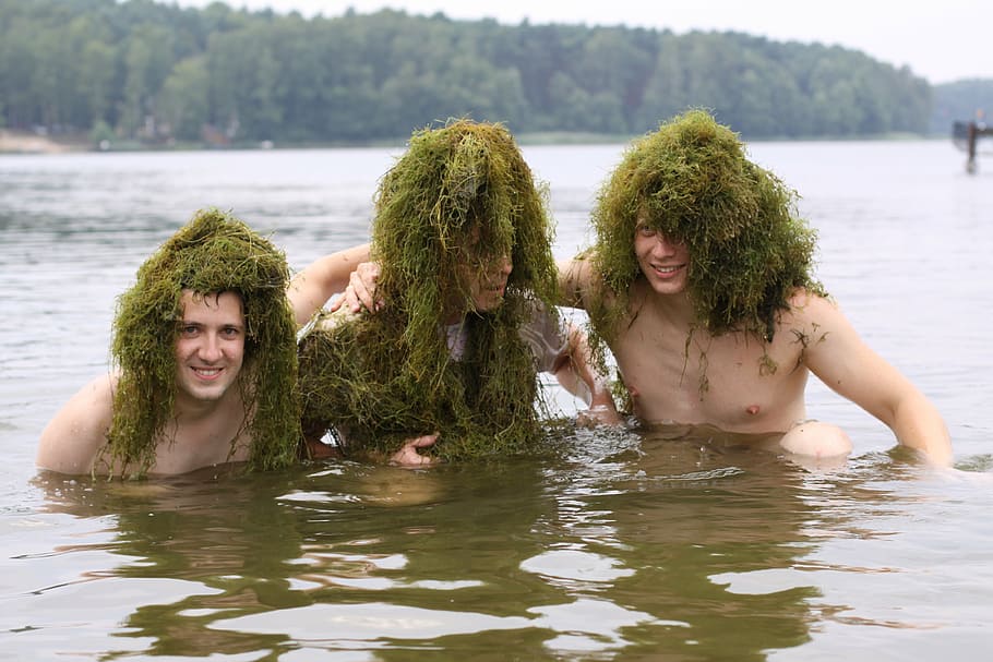 three person in body of water with green grasses on heads, catfishes