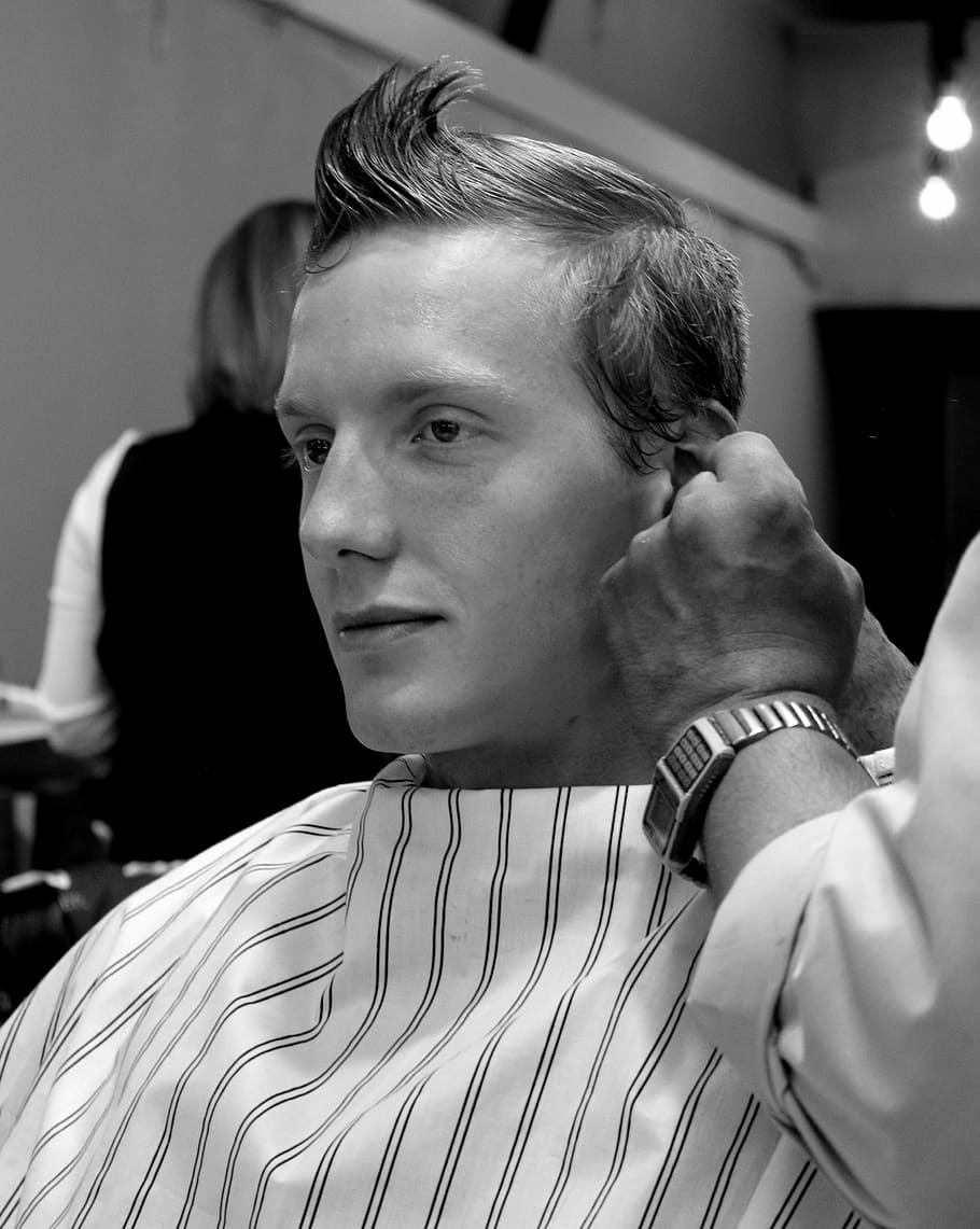 grayscale photography of barber cutting hair of a man, haircut, HD wallpaper