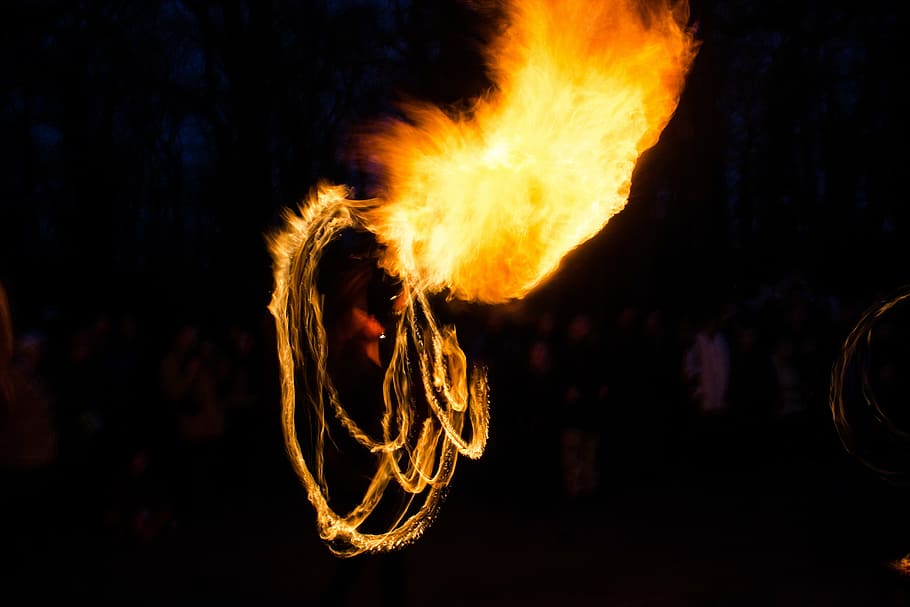 fire show, flame, evening, burning, fire - natural phenomenon HD wallpaper