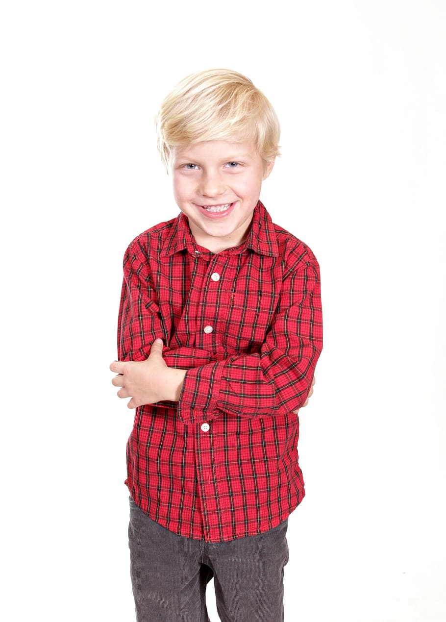 smiling boy wearing red grid dress shirt, blond, child, young HD wallpaper