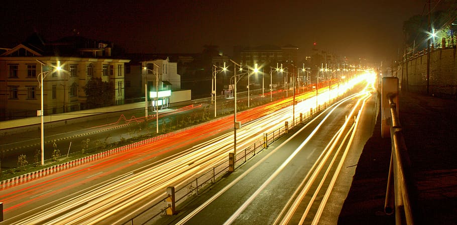 nepal, light, trails, vehicles, highway, motion, speed, light trail HD wallpaper