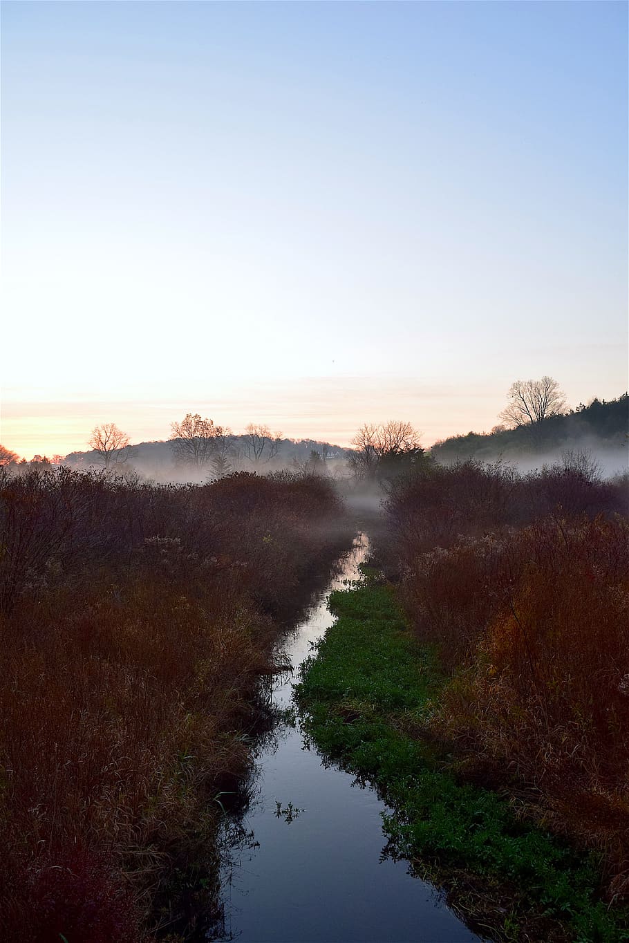 mist, morning, field, stream, nature, landscape, fog, sky, autumn HD wallpaper