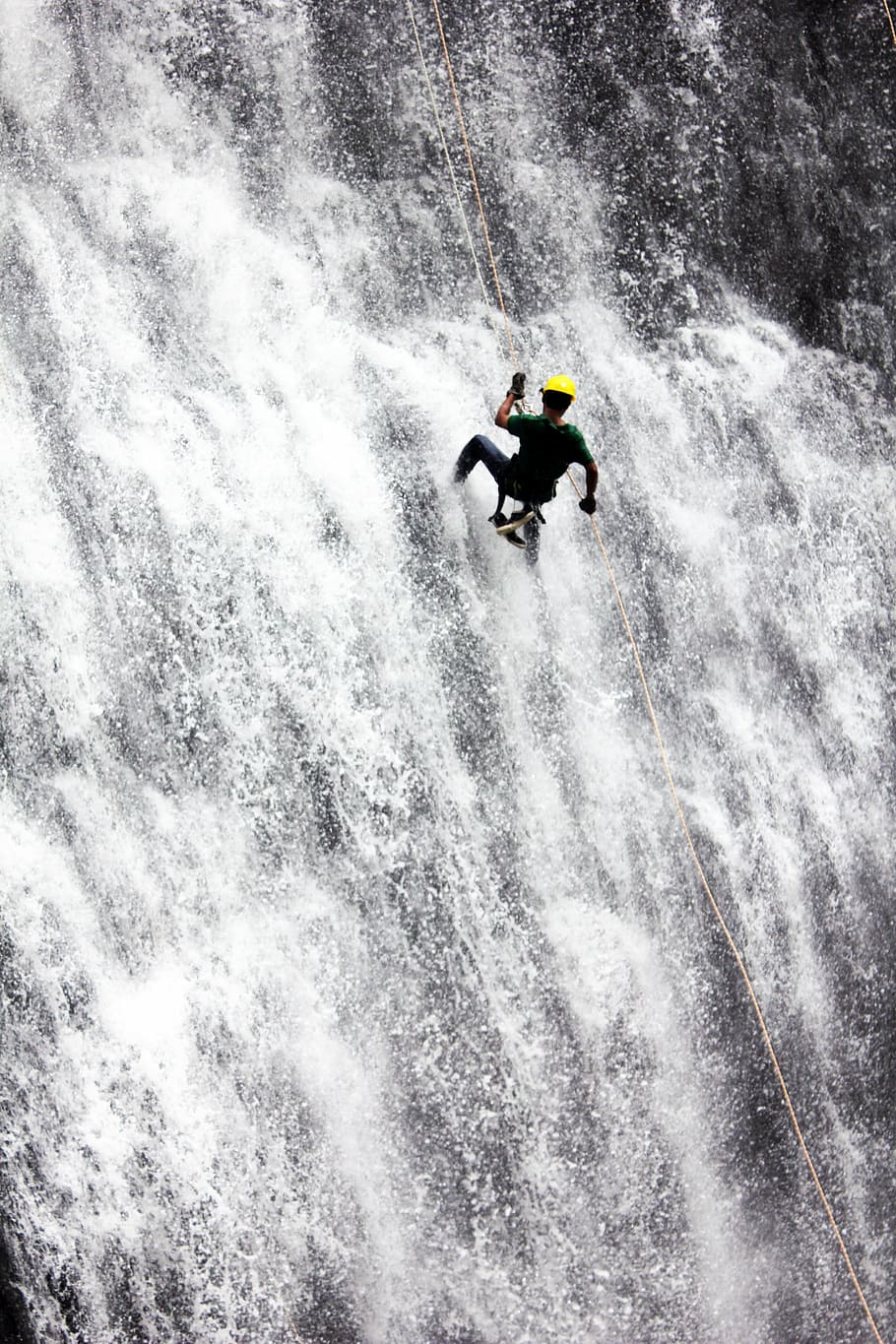 man climbing on waterfalls, rappelling, adventure, rope, sports, HD wallpaper