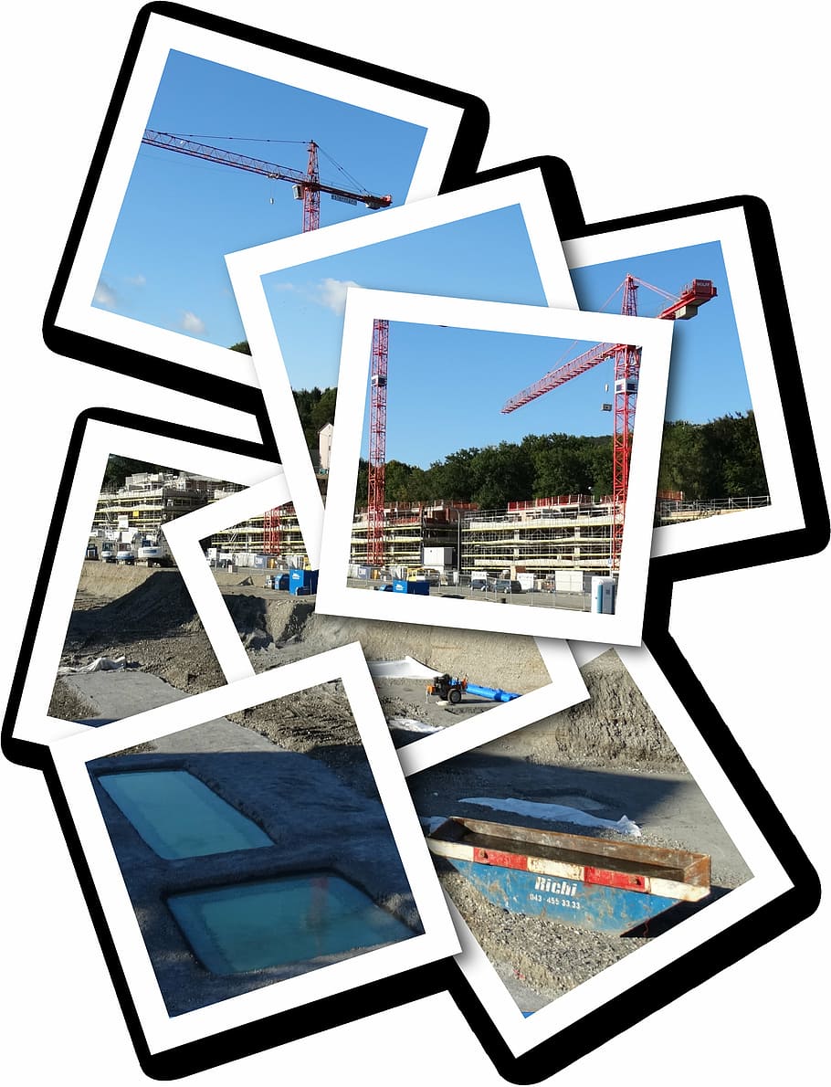 white concrete building collage, mr, site, crane, baukran, construction work HD wallpaper