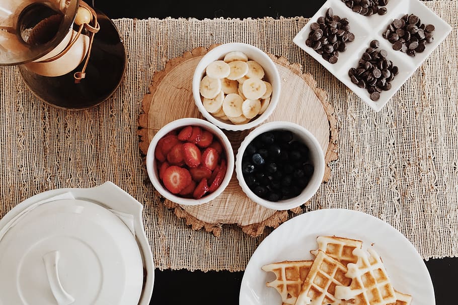 Waffles and fruit, food/Drink, breakfast, foods, fruits, wood - Material