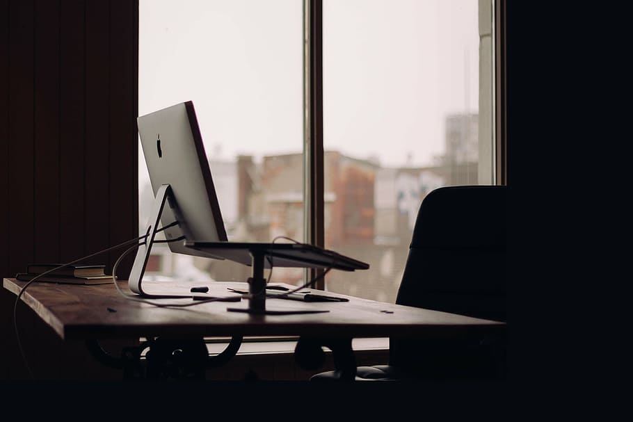 laptop on desk near window, office, apple, mac, computer, ipad HD wallpaper