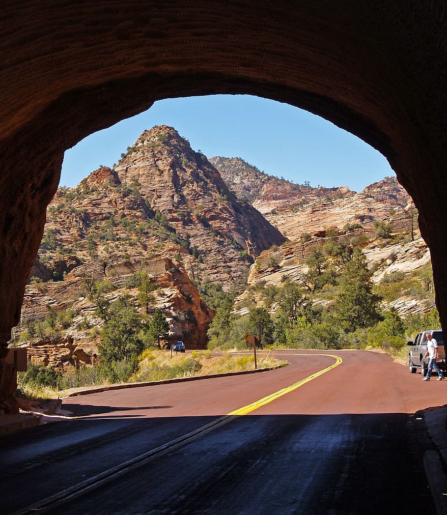 Zion, National, Park, Utah, Usa, Tunnel, red, road, mountain, HD wallpaper