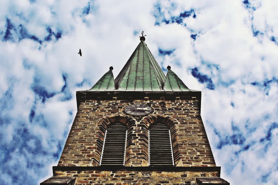 church, clouds, sky, bird, steeple, mood, blue, tower, spire HD wallpaper