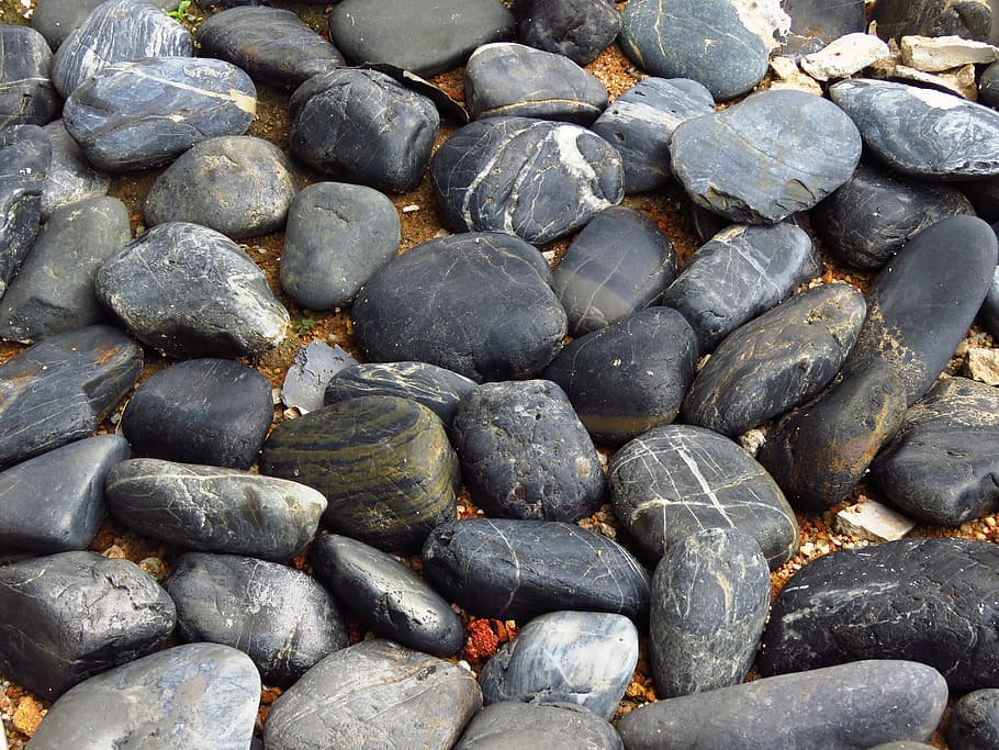 black pebbles lot, stone, rock, shapes, hard, background, texture HD wallpaper