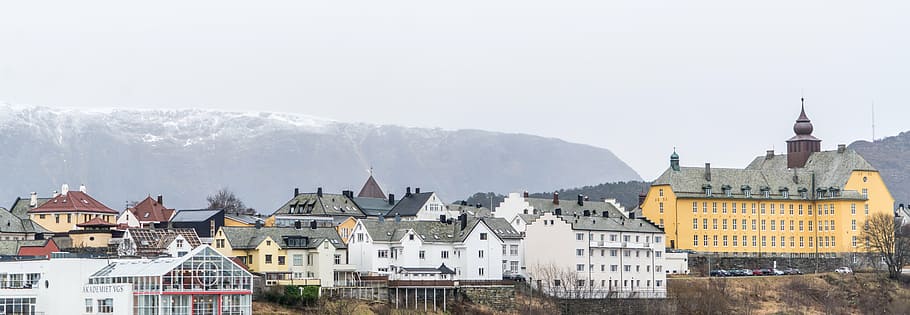 norway coast, alesund, mountains, architecture, scandinavia, HD wallpaper