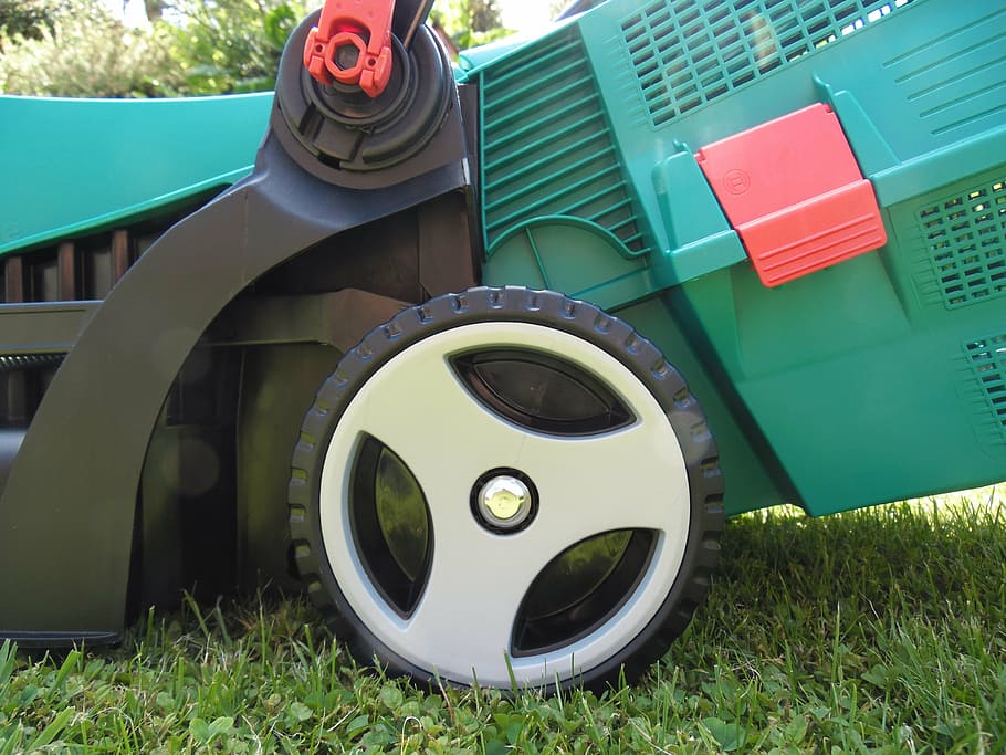 lawn mower, garden, rush, manual operation, grass box, close HD wallpaper