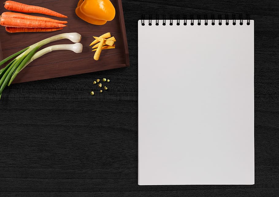 white paper on black surface, writing pad, vegetables, tray HD wallpaper