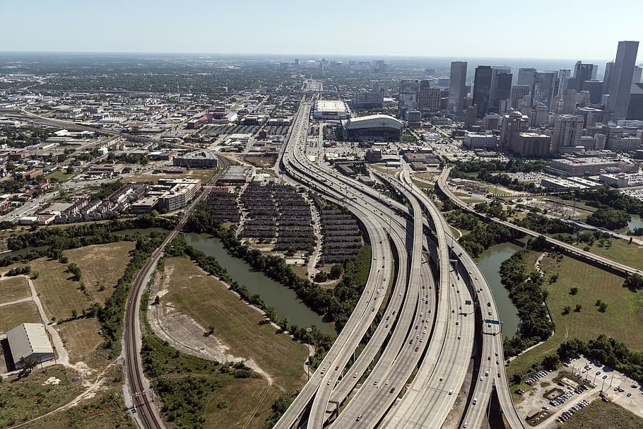 aerial photography of multi-lanes road, aerial view houston highways, HD wallpaper