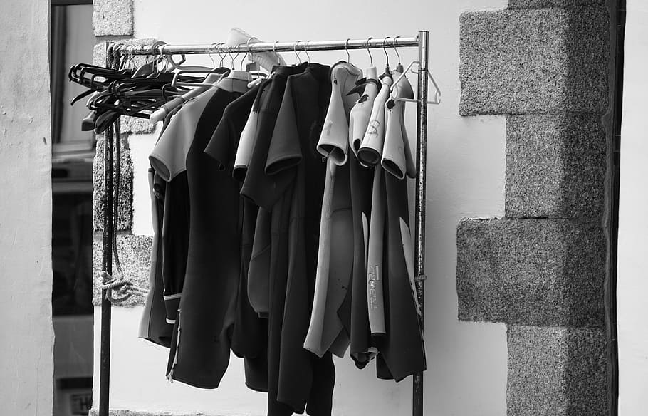 Leisure, Diving Suits, Sport, black and white, sale, hanging HD wallpaper