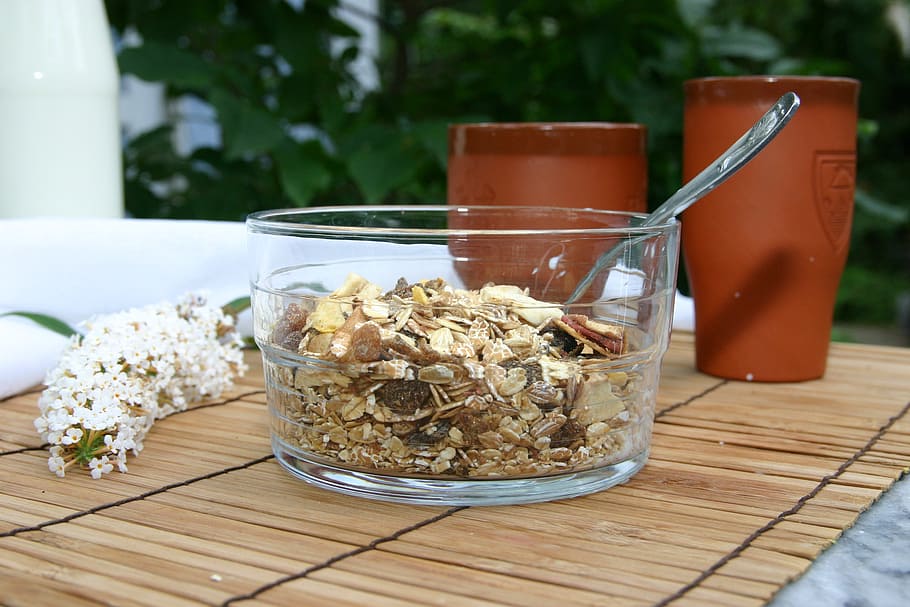 clear glass bowl with cereals and spoon, muesli, shell, breakfast HD wallpaper
